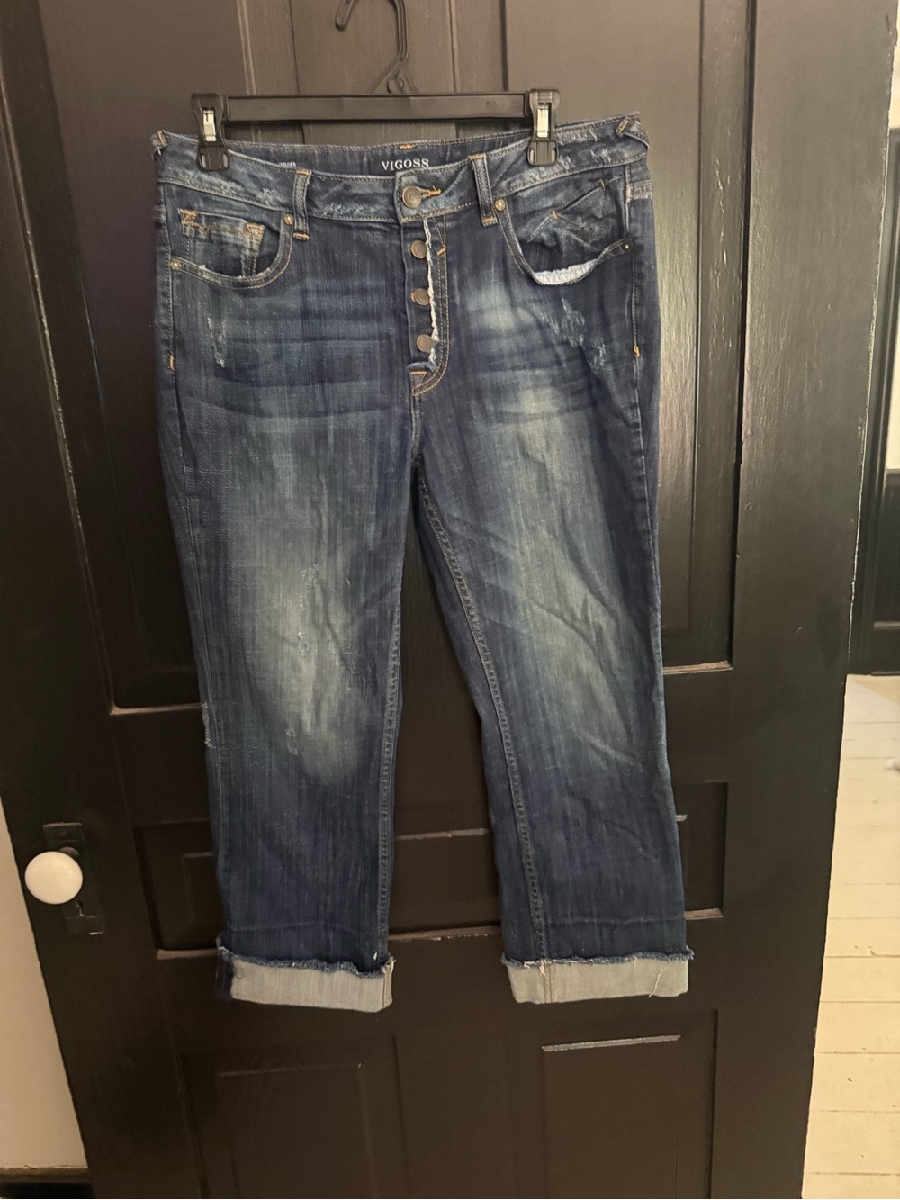 Vigoss Women's Distressed Blue Boyfriend Jeans with Cuffed Hem